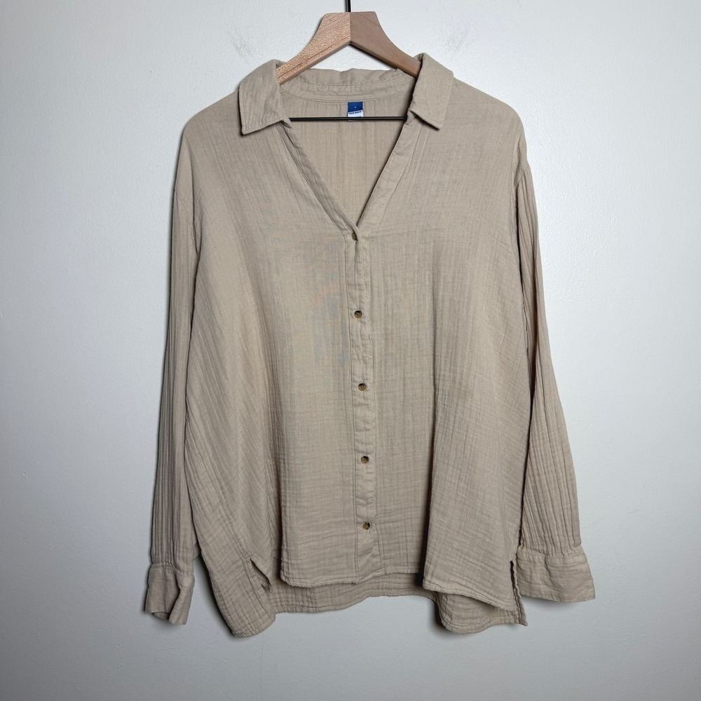 Old Navy Womens Cotton Demi Shirt Large Tan Long Sleeve Button Up Coastal Boho
